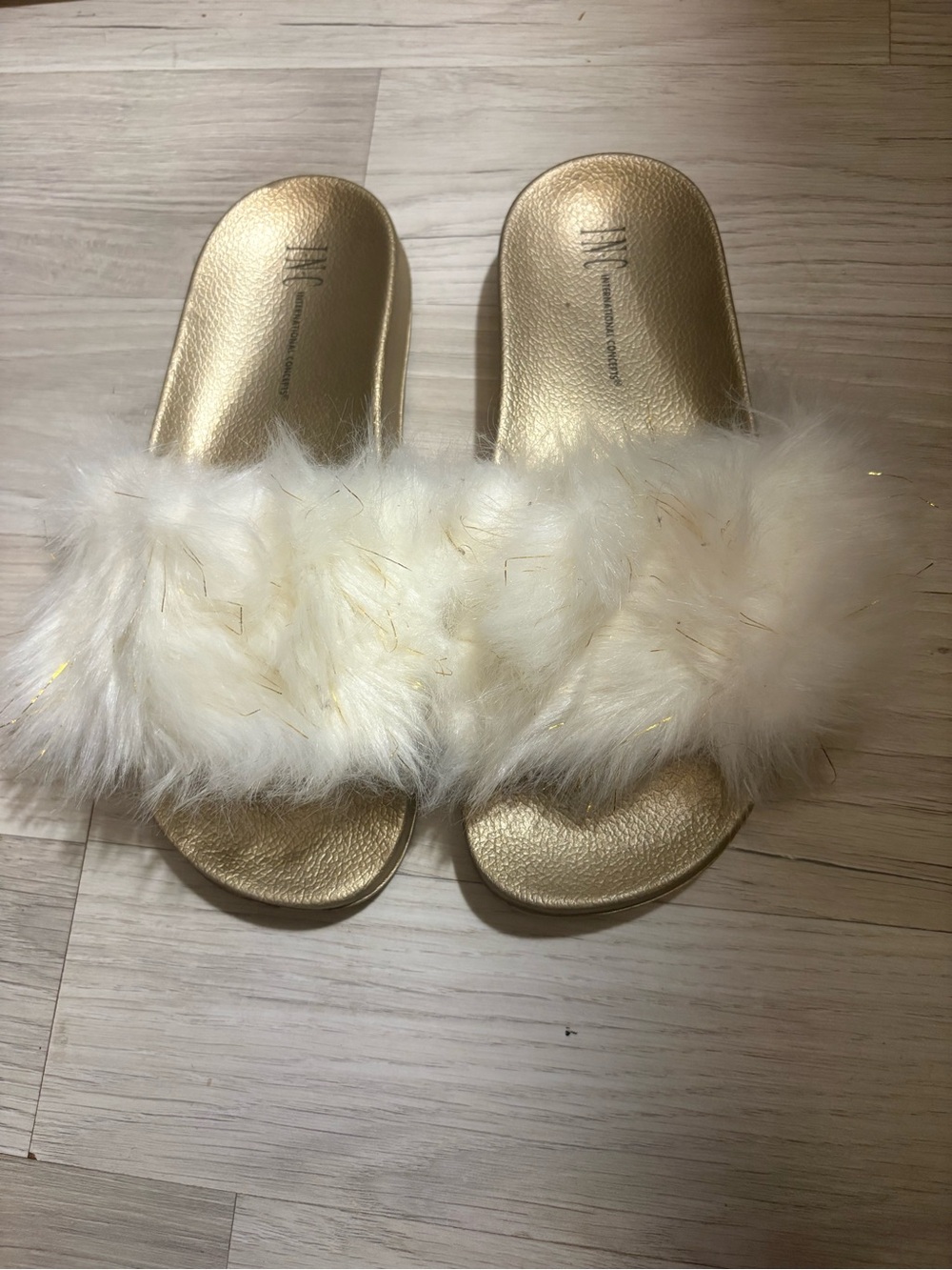 Gold Faux Fur Slide Sandals with White Fluff